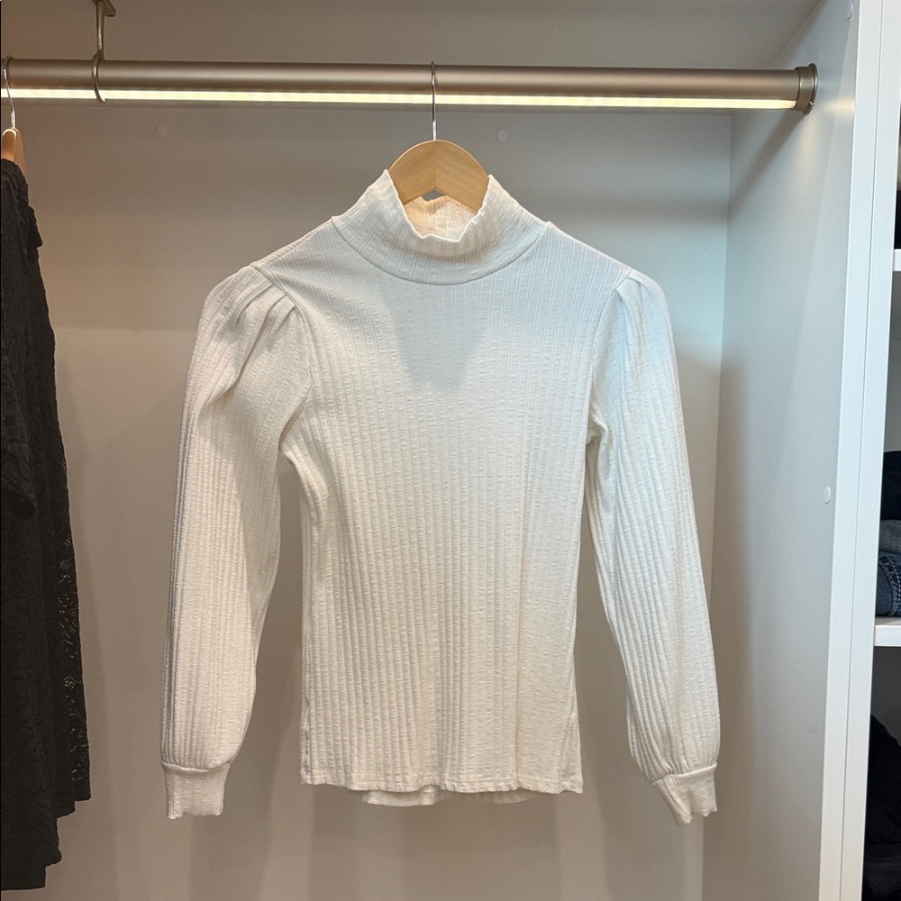 bohme White Ribbed Mock Neck Long Sleeve Top with Subtle Puff Shoulders